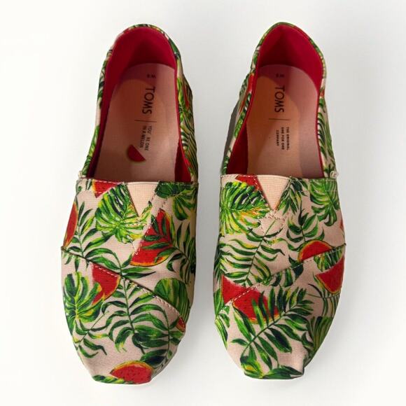 TOMS Women’s Canvas Slip-On Shoes Spanish Villa Watermelon Palms Size 9 - Picture 2 of 10
